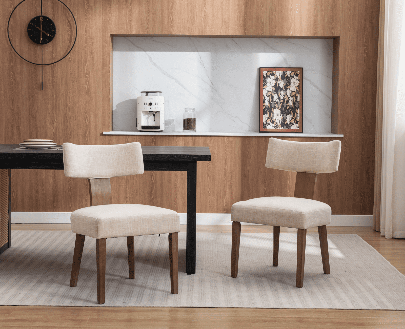 Guyou Dining Chairs Set of 2, Mid-Century Modern Linen Upholstered Kitchen Chairs with Curved Backrest, Wooden Side Chairs for Dining Kitchen Living Room Bedroom, Beige