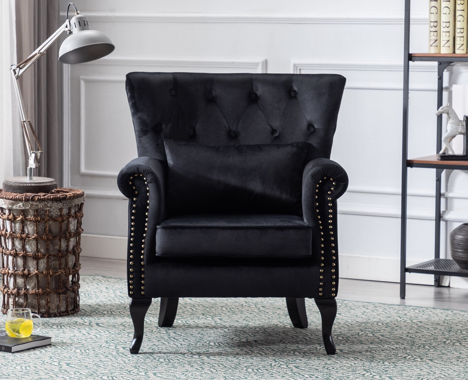 Guyou Mid Century Accent Chair Modern Button Tufted Armchair Wingback Club Chair Velvet Single Sofa Lounge Chair with Pillow for Living Room Bedroom, Black
