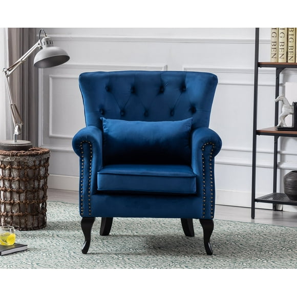 Guyou Mid Century Accent Chair Modern Button Tufted Armchair Wingback Club Chair Velvet Single Sofa Lounge Chair with Pillow for Living Room Bedroom, Blue