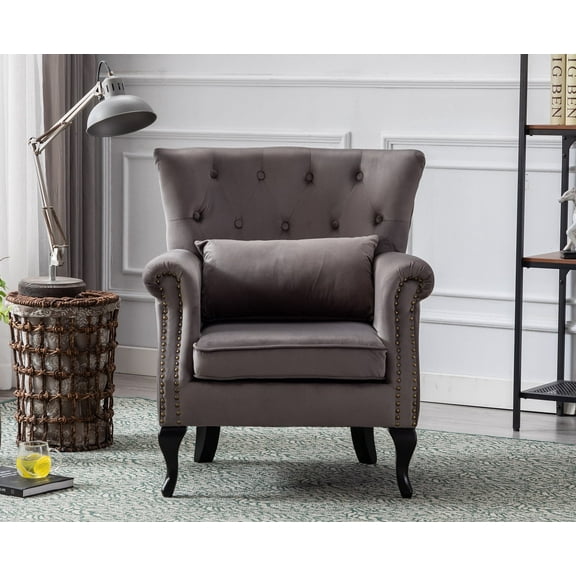 Guyou Mid Century Accent Chair Modern Button Tufted Armchair Wingback Club Chair Velvet Single Sofa Lounge Chair with Pillow for Living Room Bedroom, Grey
