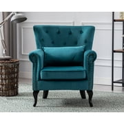 Guyou Mid Century Accent Chair Modern Button Tufted Armchair Wingback Club Chair Velvet Single Sofa Lounge Chair with Pillow for Living Room Bedroom, Teal Blue