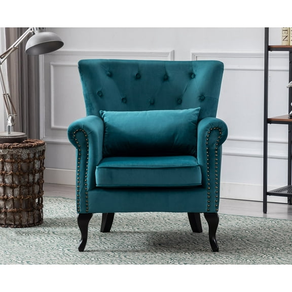 Guyou Mid Century Accent Chair Modern Button Tufted Armchair Wingback Club Chair Velvet Single Sofa Lounge Chair with Pillow for Living Room Bedroom, Teal Blue