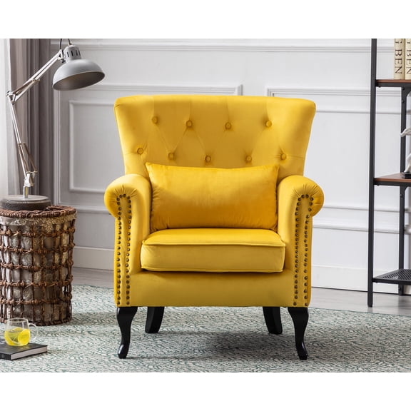 Guyou Mid Century Accent Chair Modern Button Tufted Armchair Wingback Club Chair Velvet Single Sofa Lounge Chair with Pillow for Living Room Bedroom, Yellow