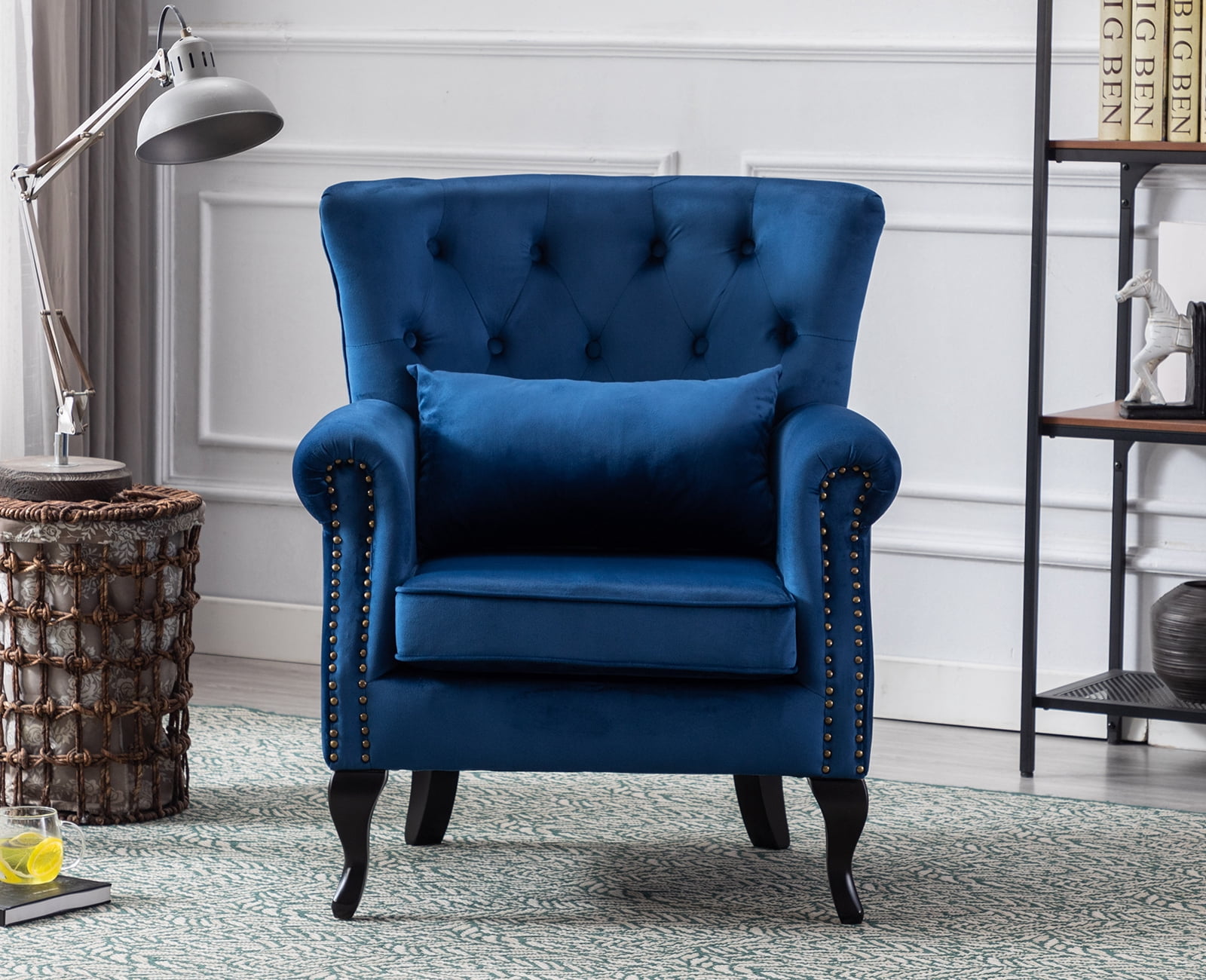 Guyou Mid Century Accent Chair Modern Button Tufted Armchair Wingback Club Chair Velvet Single Sofa Lounge Chair with Pillow for Living Room Bedroom, Blue