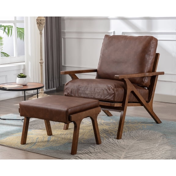 Guyou Mid Century Accent Chair and Ottoman Set, Upholstered Leather Armchair Comfy Single Sofa Lounge Chair with Wooden Frame for Fireplace Bedroom Living Room Study, Brown
