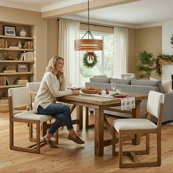 Guyou Mid-Century Modern Dining Chair Set of 2, Farmhouse Linen Upholstered Kitchen Chairs, Wooden Armless Dining Side Chairs for Dining Room Living Room, Beige