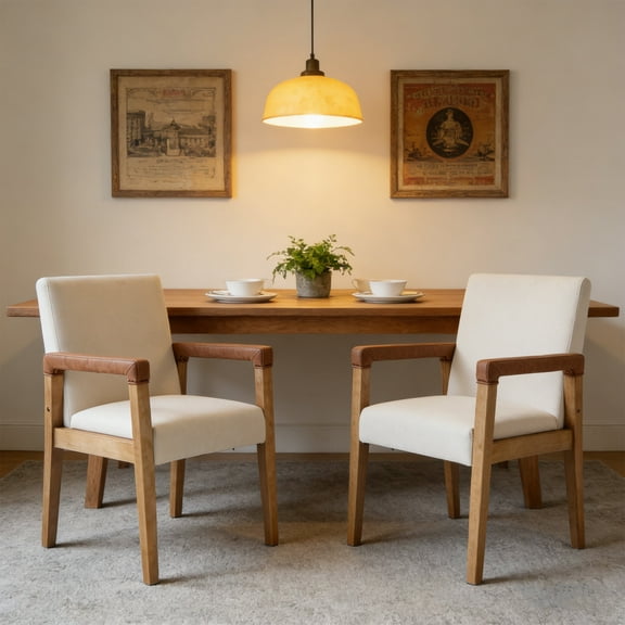 Guyou Mid Century Modern Dining Chair Set of 2, Farmhouse Linen Upholstered Kitchen Dining Side Chairs with Armrests, Solid Wood Accent Armchair for Dining Room Living Room Kitchen Bedroom, White