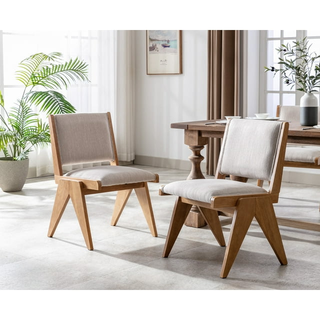Guyou Mid Century Dining Chair Set of 2, Natural Solid Wood, Linen
