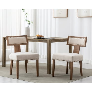 Guyou Mid Century Modern Dining Chairs Set of 2, Farmhouse Linen Upholstered Metal Nailhead Trim Kitchen Chairs with Curved Backrest and Hardwood Legs, Beige