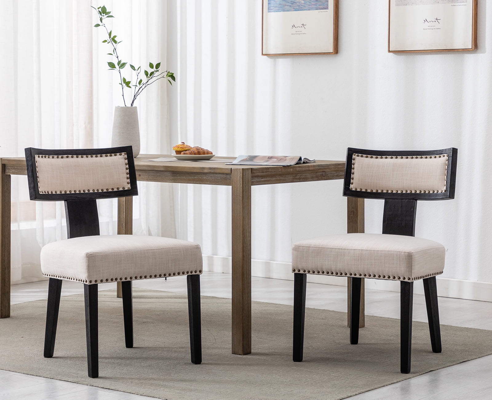 Guyou Set of 2 Mid Century Modern Dining Chairs, Solid Wood Legs, Linen ...