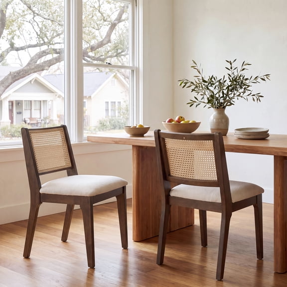 Guyou Mid Century Modern Rattan Dining Chair Set of 2, Farmhouse Beige Chenille Dining Side Chairs with Rubberwood Legs, Upholstered Kitchen Chairs for Dining Room Living Room
