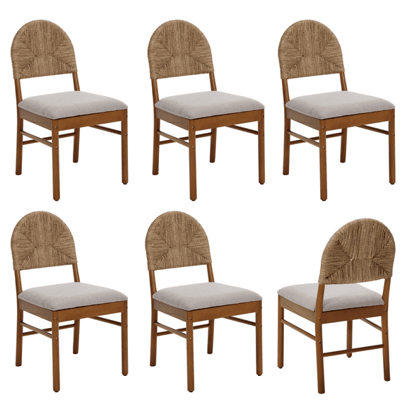 Guyou Mid Century Rattan Dining Chairs - Set of 6, Woven Paper Rope Back& Wood Frame Side Chairs for Kitchen, Dining Room & Farmhouse, 19" Wide, Gray Seat/White Legs