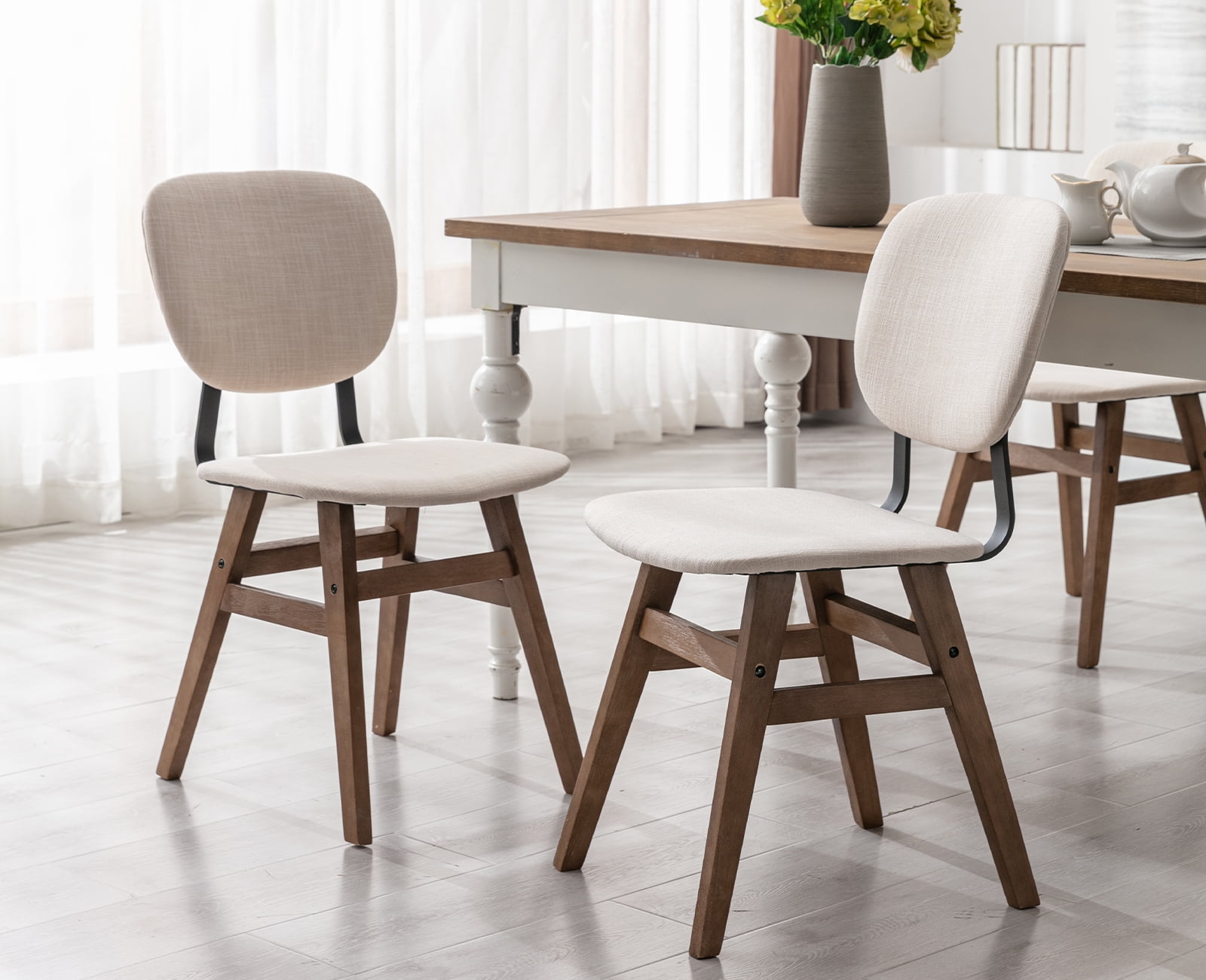 COZYMATIC Set Of 2 Mid-Century Modern Dining Chairs - Walnut Wood Back, PU Leather Seat, Solid Wood Legs