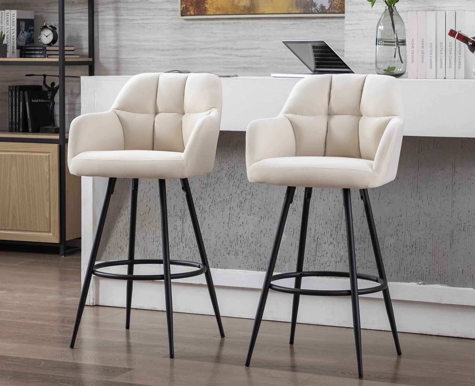 Beige PU Leather Swivel Bar Stools with Iron Legs, Set of 2