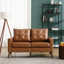 Guyou Modern 53” Loveseat Sofa, Comfy Upholstered Button Tufted Faux Leather 2 Seater Small Sofa Couch, Lounge Sleeper Love Seats for Small Spaces Living Room Apartment Bedroom, Brown