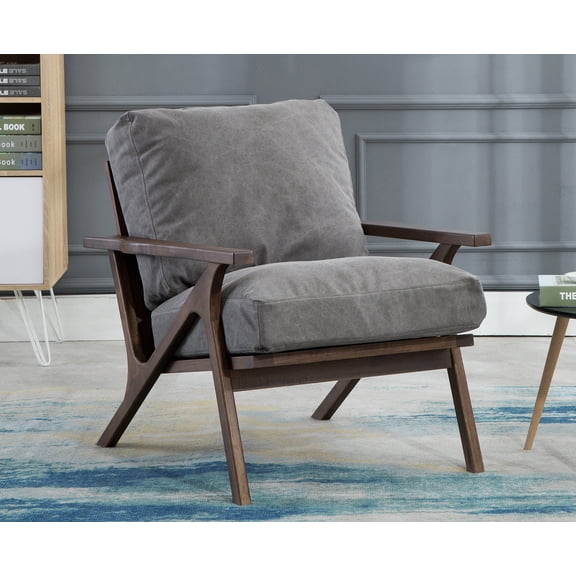 Guyou Modern Accent Chair, Mid Century Upholstered Lounge Arm Chair with Wooden Frame and Removable Denim Cushion Single Sofa Chair for Living Room Bedroom Study, Grey