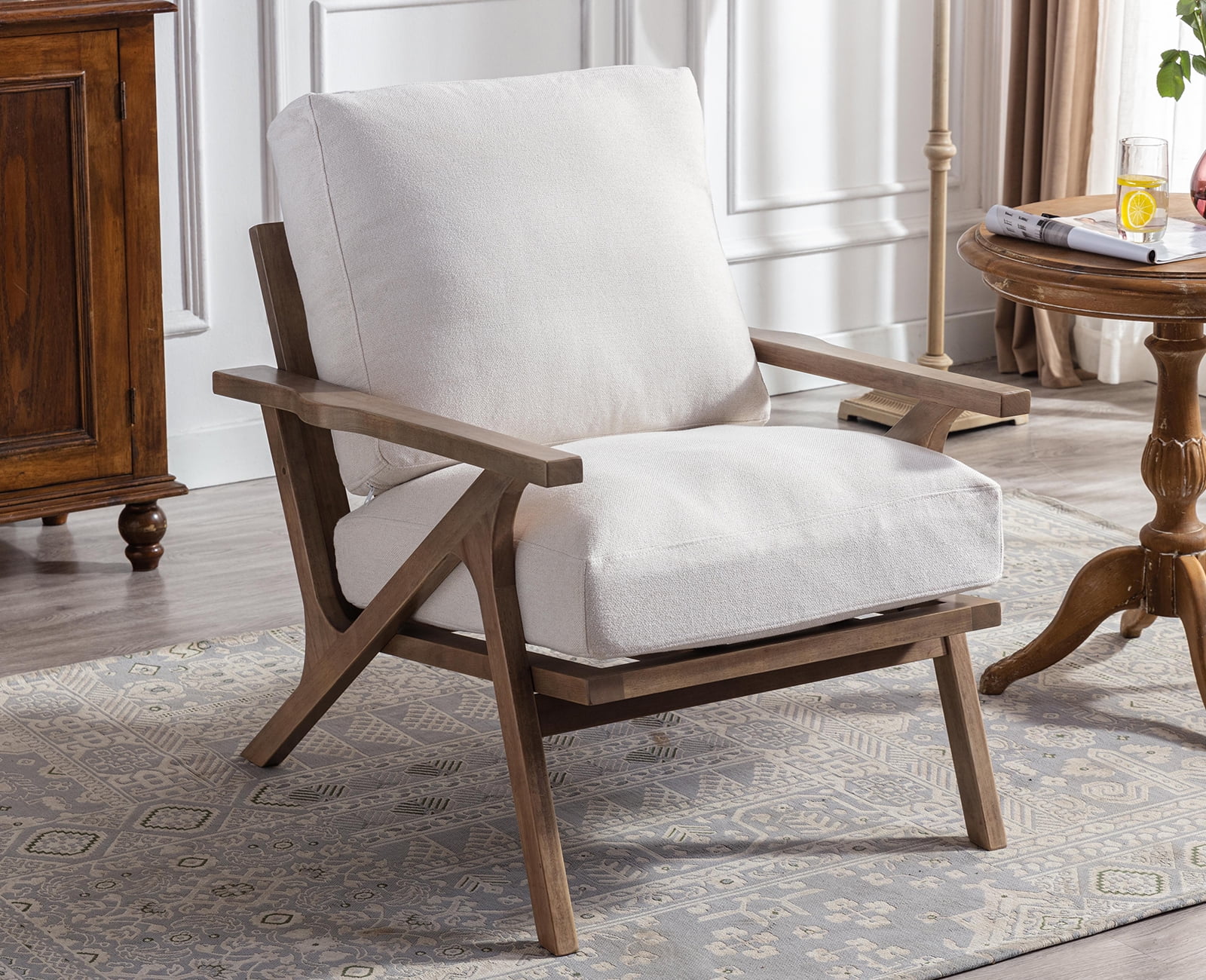 Guyou Modern Accent Chair Mid Century Upholstered Lounge Arm Chair with Wooden Frame and Removable Linen Cushion Single Sofa Chair for Living Room