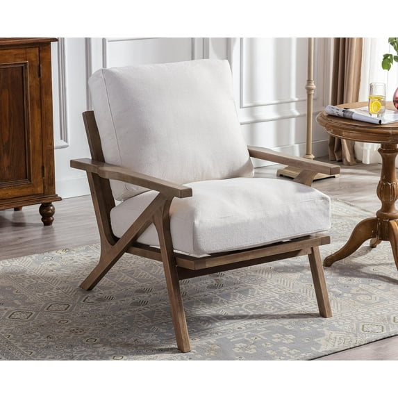 Guyou Mid Century Accent Chair, Upholstered Linen Fabric Armchair Comfy Single Sofa Lounge Chair with Wooden Frame for Fireplace Bedroom Living Room Study, White