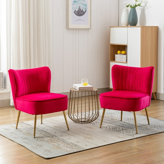 Guyou Modern Accent Chair Set of 2, Armless Slipper Chair Velvet Upholstered Lounge Chair, Wingback Large Single Sofa Side Chair with Gold Legs for Living Room Bedroom, Rose Red