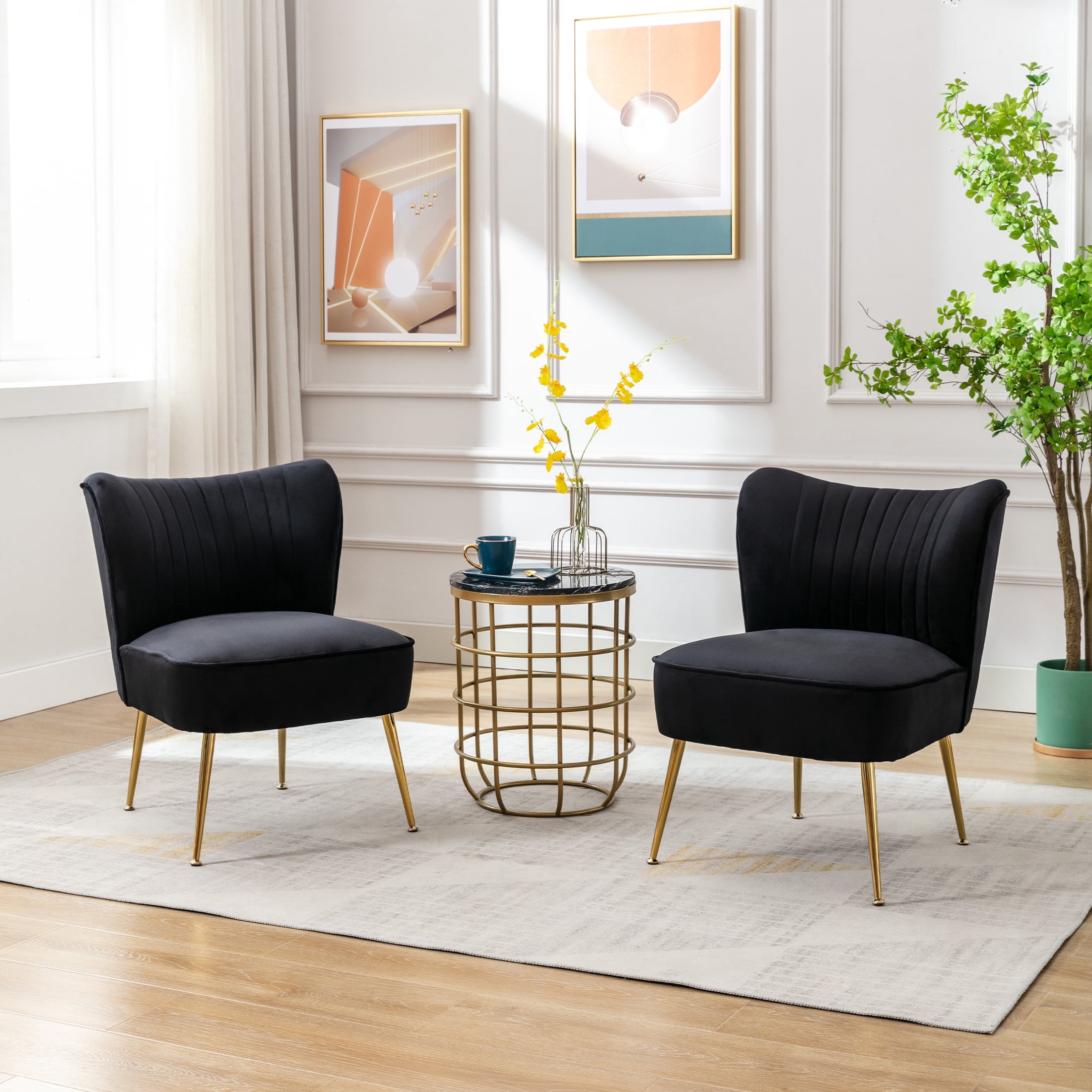 Guyou Modern Accent Chair Set of 2, Armless Slipper Chair Velvet Upholstered Lounge Chair, Wingback Large Single Sofa Side Chair with Gold Legs for Living Room Bedroom, Black