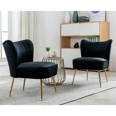 Guyou Modern Accent Chair Set of 2, Armless Slipper Chair Velvet Upholstered Lounge Chair, Wingback Large Single Sofa Side Chair with Gold Legs for Living Room Bedroom, Black