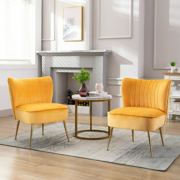 Guyou Modern Accent Chair Set of 2, Armless Slipper Chair Velvet Upholstered Lounge Chair, Wingback Large Single Sofa Side Chair with Gold Legs for Living Room Bedroom, Yellow