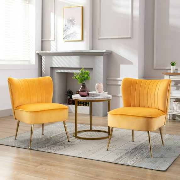 Guyou Modern Accent Chair Set of 2, Armless Slipper Chair Velvet Upholstered Lounge Chair, Wingback Large Single Sofa Side Chair with Gold Legs for Living Room Bedroom, Yellow