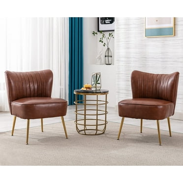 Guyou Modern Accent Chair Set of 2, Armless Slipper Chair Faux Leather Upholstered Lounge Chair, Wingback Large Single Sofa Side Chair with Gold Legs for Living Room Bedroom, Brown