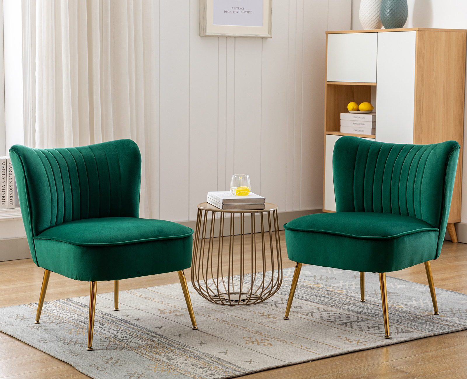 Guyou Modern Accent Chair Set of 2, Armless Slipper Chair Velvet Upholstered Lounge Chair, Wingback Large Single Sofa Side Chair with Gold Legs for Living Room Bedroom, Green