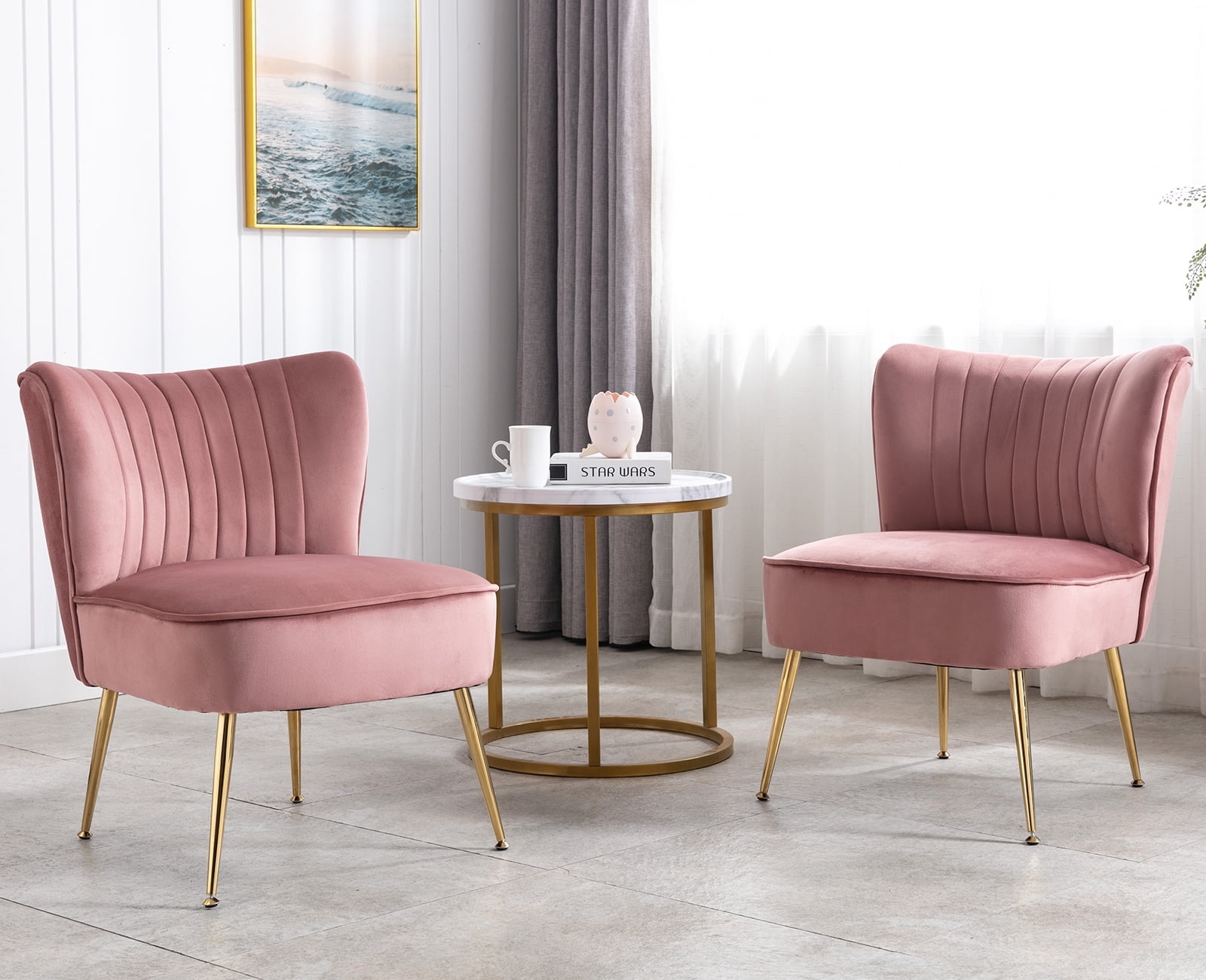 Guyou Modern Accent Chair Set of 2, Armless Slipper Chair Velvet Upholstered Lounge Chair, Wingback Single Sofa Side Chair with Gold Legs for Living Room Bedroom, Pink