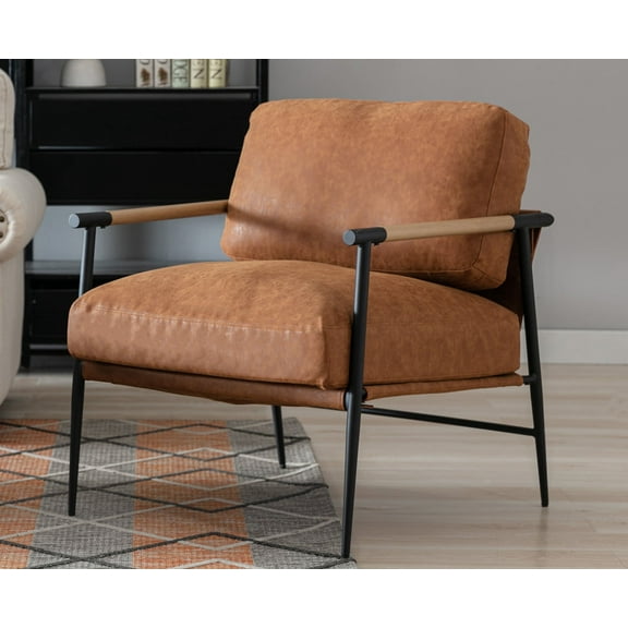 Guyou Modern Accent Chair, Upholstered Faux Leather Reading Armchair with Metal Legs, Casual Living Room Chair with Removable Cushion and Backrest for Living Room Bedroom Study, Brown