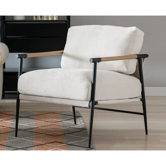 Guyou Modern Accent Chair, Upholstered Linen Reading Armchair with Metal Legs, Casual Living Room Chair with Removable Cushion and Backrest for Living Room Bedroom Study, Beige