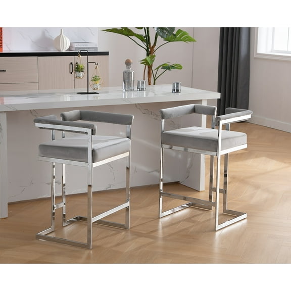Guyou Modern Bar Stool Set of 2, 26" Velvet Upholstered Counter Height Stools with Chrome Finish Metal, Industrial Metal Kitchen Island Chairs with Open Back and Footrest for Restaurant Bar, Gray
