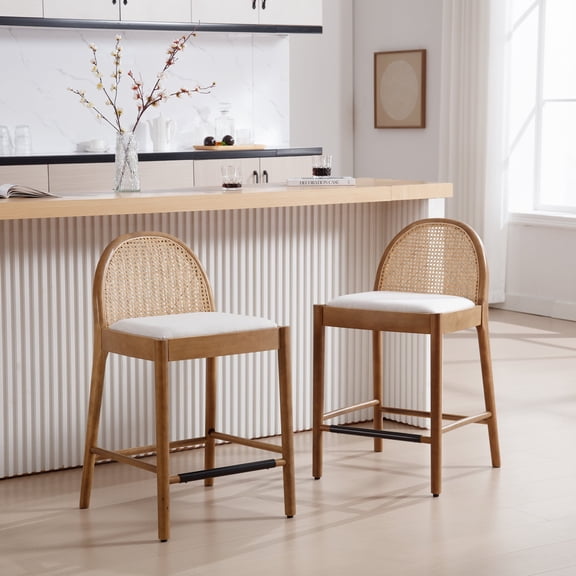 Guyou Modern Bar Stools Set of 2, 26" Counter Height Bar Stools with Natural Rattan Back and Solid Wood Frame, Linen Upholstered Kitchen Island Chairs for Bar Island Cafe Kitchen, Warm Brown