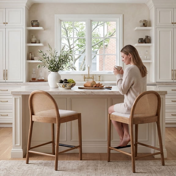 Guyou Modern Bar Stools Set of 2, 26" Counter Height Bar Stools with Natural Rattan Back and Solid Wood Frame, Linen Upholstered Kitchen Island Chairs for Bar Island Cafe Kitchen, Beige
