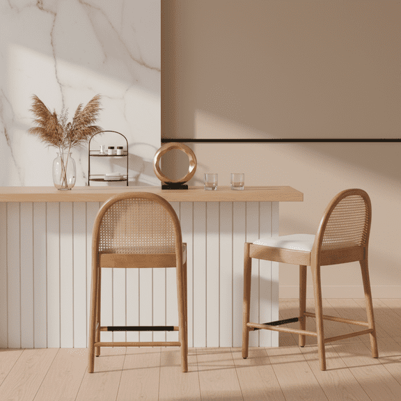 Guyou Modern Bar Stools Set of 2, 26" Counter Height Bar Stools with Natural Rattan Back and Solid Wood Frame, Linen Upholstered Kitchen Island Chairs for Bar Island Cafe Kitchen, Beige