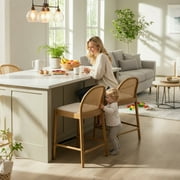 Guyou Modern Bar Stools Set of 2, 26" Counter Height Bar Stools with Natural Rattan Back and Solid Wood Frame, Linen Upholstered Kitchen Island Chairs for Bar Island Cafe Kitchen, Beige