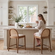 Guyou Modern Bar Stools Set of 2, 26 Counter Height Bar Stools with Natural Rattan Back and Solid Wood Frame, Linen Upholstered Kitchen Island Chairs for Bar Island Cafe Kitchen, Warm Brown