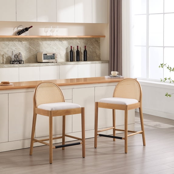 Guyou Modern Bar Stools Set of 2, 26" Counter Height Bar Stools with Natural Rattan Back and Solid Wood Frame, Sherpa Upholstered Kitchen Island Chairs for Bar Island Cafe Kitchen, White
