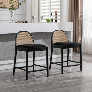 Guyou Modern Bar Stools Set of 2, 26" Counter Height Bar Stools with Natural Rattan Back and Solid Wood Frame, Sherpa Upholstered Kitchen Island Chairs for Bar Island Cafe Kitchen, Black