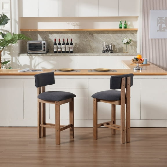Guyou Modern Bar Stools Set of 2, 26 Inch Counter Height Bar Stools with Curved Backrest, Linen Upholstered Counter Stools, Wooden Kitchen Island Chairs for Kitchen Bar Cafe, Charcoal