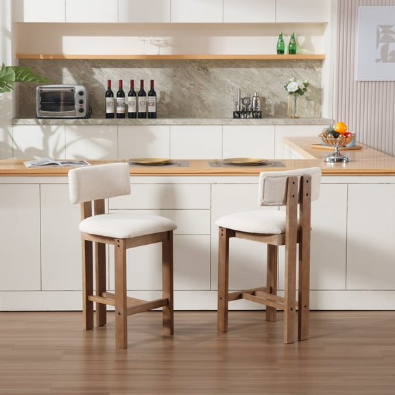 Guyou Modern Bar Stools Set of 2, 26 Inch Counter Height Bar Stools with Curved Backrest, Linen Upholstered Counter Stools, Wooden Kitchen Island Chairs for Kitchen Bar Cafe, Beige