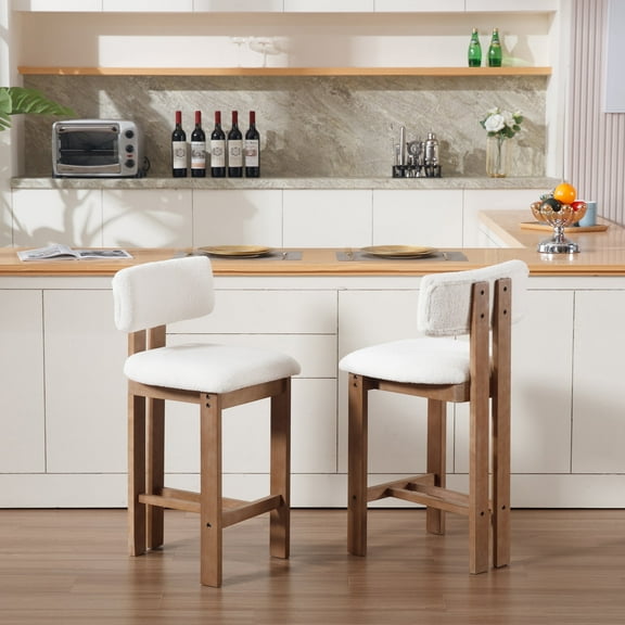 Guyou Modern Bar Stools Set of 2, 26 Inch Counter Height Bar Stools with Curved Backrest, Sherpa Upholstered Counter Stools, Wooden Kitchen Island Chairs for Kitchen Bar Cafe, White
