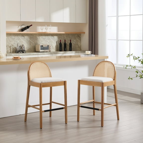 Guyou Modern Bar Stools Set of 2, 30" Counter Height Bar Stools with Natural Rattan Back and Solid Wood Frame, Linen Upholstered Kitchen Island Chairs for Bar Island Cafe Kitchen, Beige