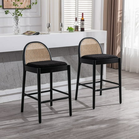 Guyou Modern Bar Stools Set of 2, 30" Counter Height Bar Stools with Natural Rattan Back and Solid Wood Frame, Sherpa Upholstered Kitchen Island Chairs for Bar Island Cafe Kitchen, Black