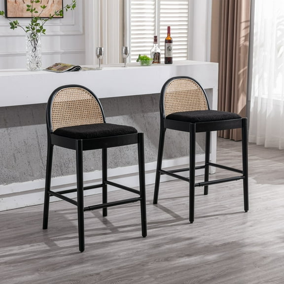 Guyou Modern Bar Stools Set of 2, 30" Counter Height Bar Stools with Natural Rattan Back and Solid Wood Frame, Sherpa Upholstered Kitchen Island Chairs for Bar Island Cafe Kitchen, Black