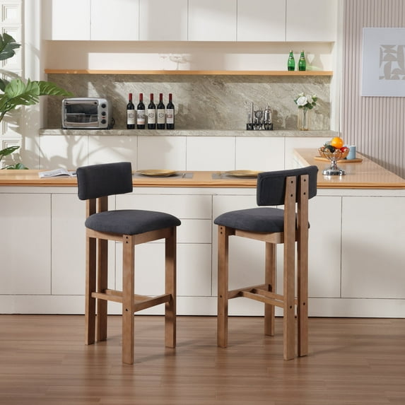 Guyou Modern Bar Stools Set of 2, 30 Inch Counter Height Bar Stools with Curved Backrest, Linen Upholstered Counter Stools, Wooden Kitchen Island Chairs for Kitchen Bar Cafe, Charcoal
