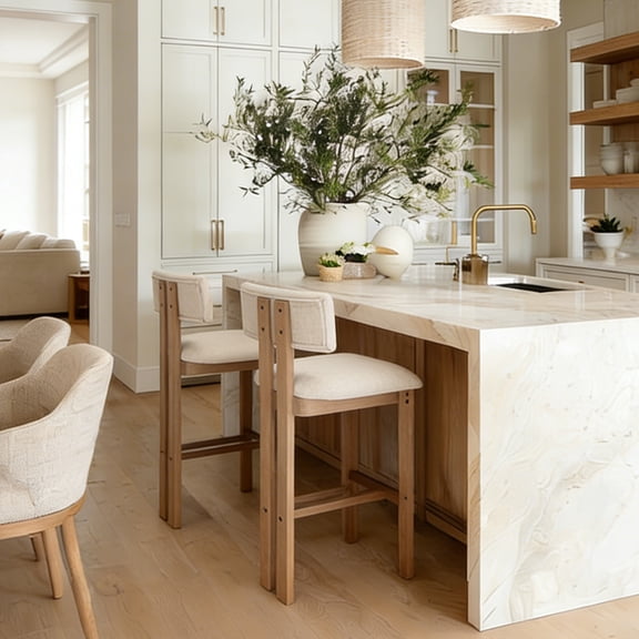 Guyou Modern Bar Stools Set of 2, 30 Inch Counter Height Bar Stools with Curved Backrest, Linen Upholstered Counter Stools, Wooden Kitchen Island Chairs for Kitchen Bar Cafe, Beige