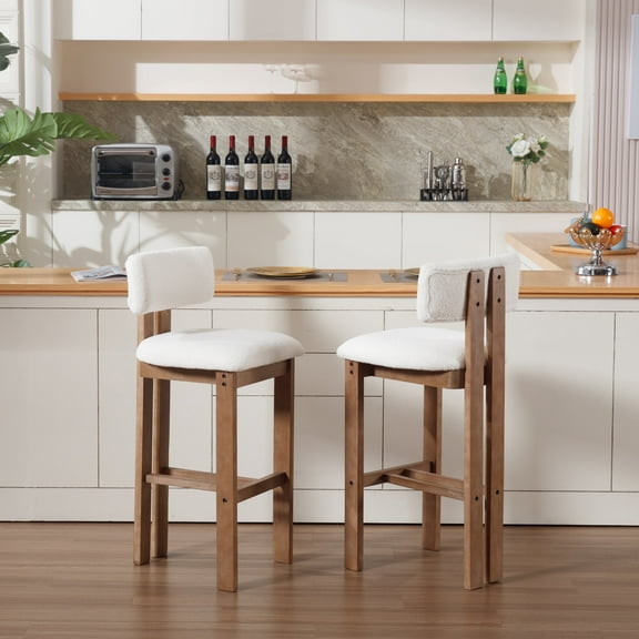 Guyou Modern Bar Stools Set of 2, 30 Inch Counter Height Bar Stools with Curved Backrest, Sherpa Upholstered Counter Stools, Wooden Kitchen Island Chairs for Kitchen Bar Cafe, White