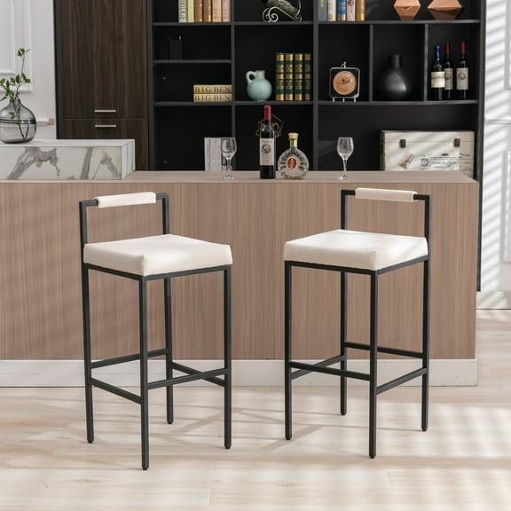 Guyou Modern Bar Stools Set of 2, 30 Inch Tall Barstools with Low Backrest, Industrial Linen Island Stools with Metal Legs, Counter Stools for Kitchen Island Bar Bars, Beige